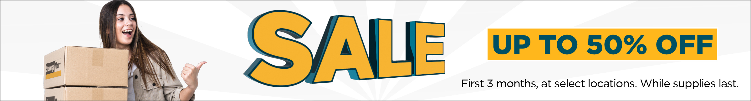 sale banner for self storage discounts that reads up to 50% off